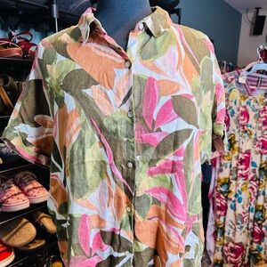 Rachel Zoe Shirt Womens XL Floral 100% Linen Button Up Short Sleeve Lightweight